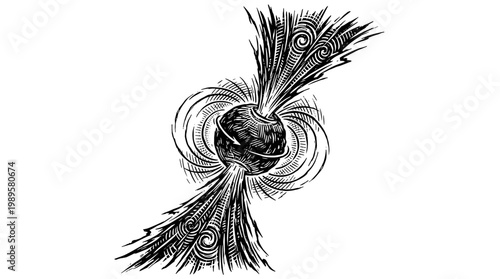 Vector Pinocut Black and white artwork of a celestial body with swirling energy.