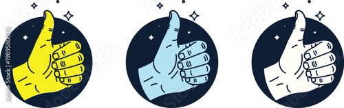 Three glowing hand symbols against a dark cosmic background