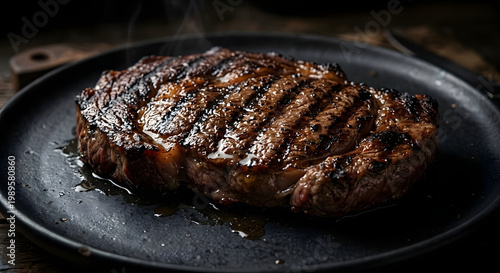 Juicy Grilled Ribeye Steak on Black Plate with Sear Marks