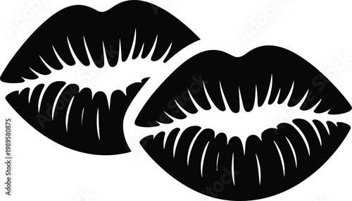 A professional vector graphic featuring two pairs of kissing lips overlapping each other in a bold black style, representing double love, romance, dating, connection and intimacy for creative projects