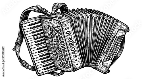 Vector Pinocut A detailed monochrome illustration of an accordion, a classic musical instrument.