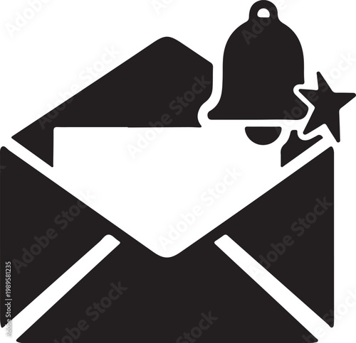 Black and white icon of an envelope with a bell and star notification