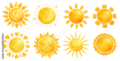 A charming watercolor collection of suns featuring playful yellow sun designs with varied rays faces and decorative shapes illustrated in a cheerful whimsical style