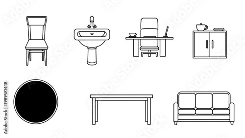 Various 2D AutoCAD icons of furniture and fixtures are shown