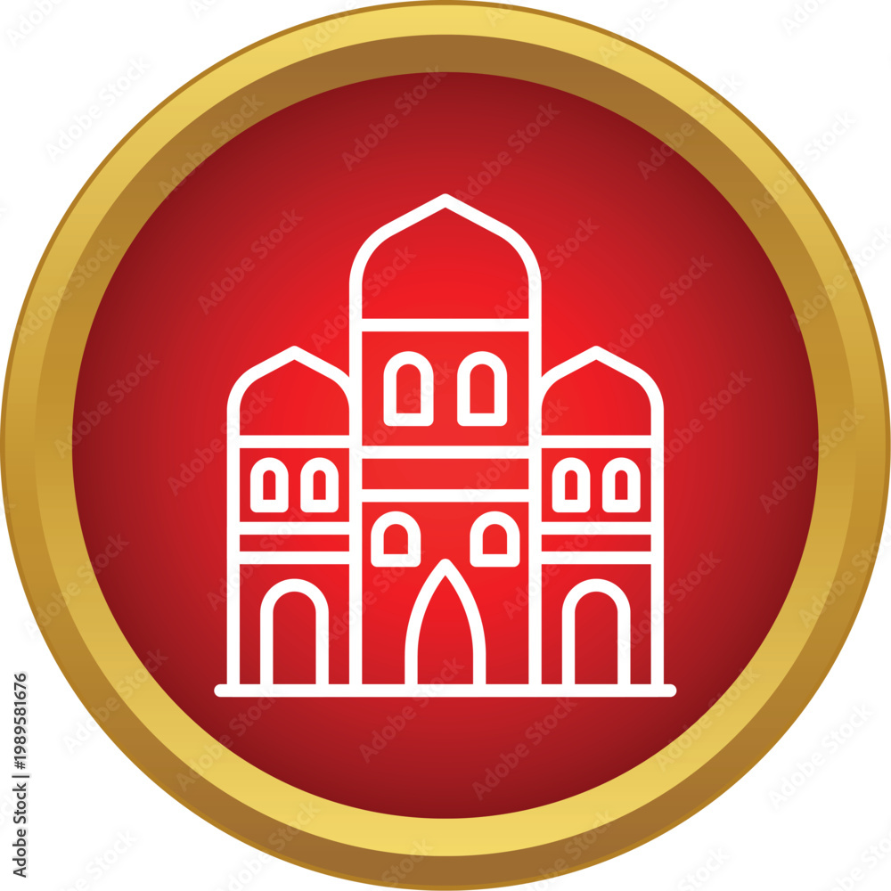 Fototapeta premium White outline of a stylized mosque or temple inside a red circle with gold border