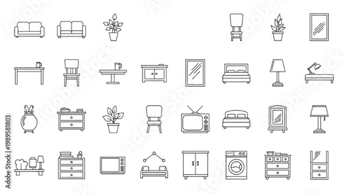 Collection of 2D AutoCAD icons for furniture and household items on white background