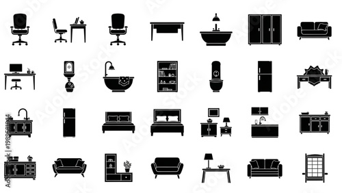Collection of 2D AutoCAD icons for furniture and office equipment