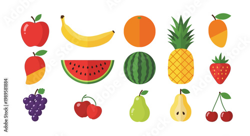 Colorful assortment of various fruits in a flat vector illustration