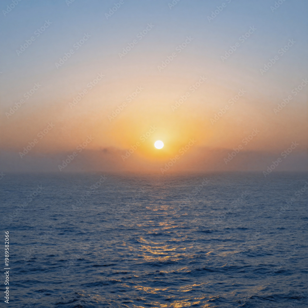 Fototapeta premium Cyberpunk Ocean Sunrise. Tranquil Sunrise Over Ocean With Misty Atmosphere