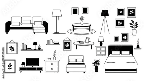 Bild auf Leinwand Collection of 2D AutoCAD icons for modern living room and bedroom interior desig