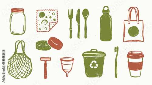 Collection of reusable items promoting a sustainable and eco-friendly lifestyle for reducing waste and environmental impact