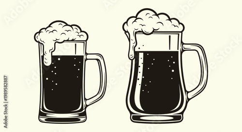 Two Black Silhouette Beer Mugs with Foam