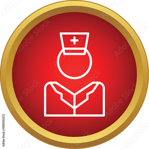 Outlined healthcare professional symbol in a round red button with gold border