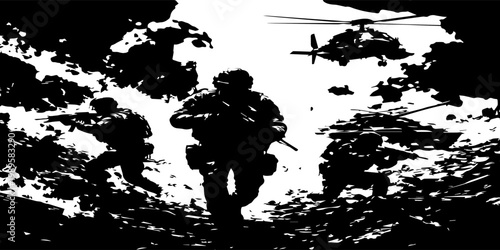 “High-detail digital illustration of modern warfare in a destroyed urban environment. Armed soldiers advancing through debris with explosions, fire, military tank, and helicopter in the background. 