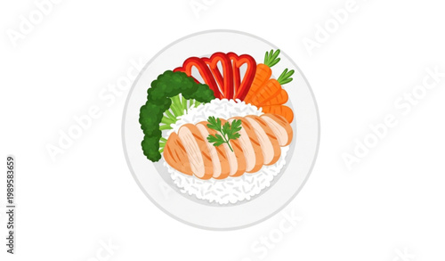 Chicken rice plate vector healthy meal food illustration