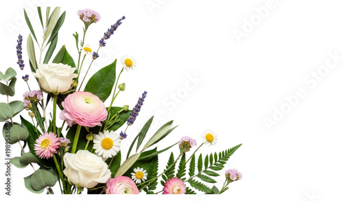 Botanical flat lay dried fresh flowers leaves white background copy space