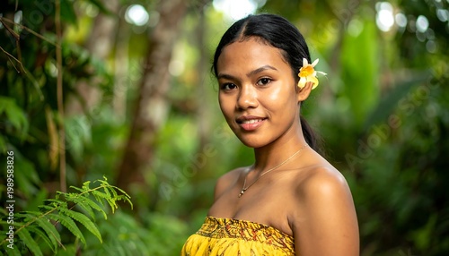 A woman in a yellow dress poses outdoors, adorned with a flower in her dark hair, in a lush green environment