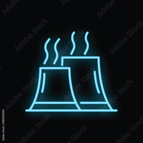 Neon blue icon of an industrial factory releasing smoke on a black background
