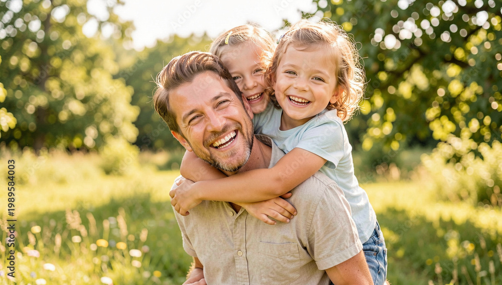Fototapeta premium Sunlit field with laughing father and two children. Happy family smiles at camera. Soft green grass surrounds them. Trees dot background in gentle blur. Warm sunlight bathes the scene