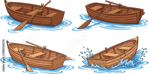 Wooden Rowboat Set with Oars Floating on Water Different Angles Classic Fishing Boat Isolated Marine Transport Vector Illustration Collection