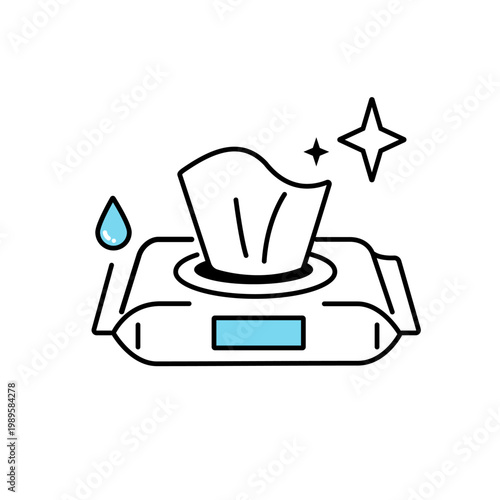 Wet wipes package icon with a water drop and sparkle for cleanliness
