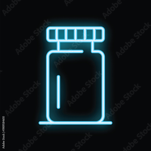 Blue neon sign depicting a pill bottle with a closed lid, glowing against a dark background, evoking concepts of medicine, pharmacy, and healthcare