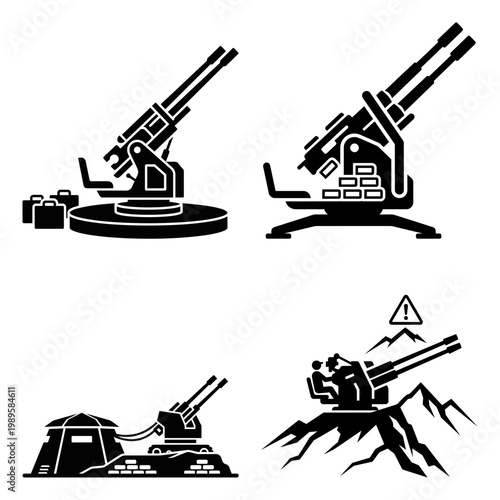 Air defense artillery silhouette icon set with cannon turrets