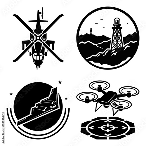 Coastal defense silhouette icon set with drone ship and pad