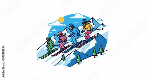 Four skiers descend a snowy mountain slope under a bright sun