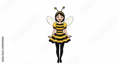 Stylized cartoon character dressed as a bee, with wings and antennae