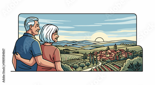 Elderly couple embracing, enjoying a scenic rural village view at sunset