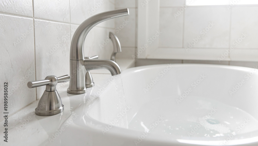 Fototapeta premium Modern bathroom sink with flowing water. Clean, minimalist design with chrome fixtures. White ceramic basin and tiled walls. Water cascades gently from curved spout