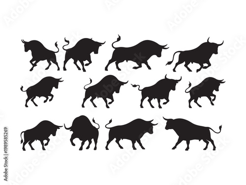 Strong bull silhouette set featuring various aggressive poses including charging, running, and standing buffalo isolated on white background for mascot or financial logo design.