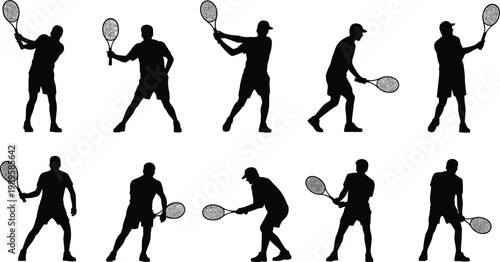 Tennis player silhouettes vector set, athletes with rackets in action poses, sport training and competition illustration collection