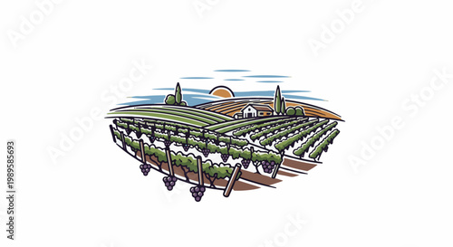 Idyllic vineyard landscape with rolling hills, a farmhouse, and ripening grapes