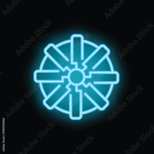Neon blue dharma wheel glowing on a black background, representing buddhist dharma, teachings of the path to enlightenment
