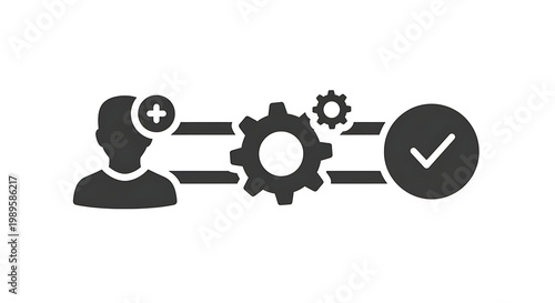 A graphic illustration of a person's head with a gear and checkmark symbolizing business process optimization