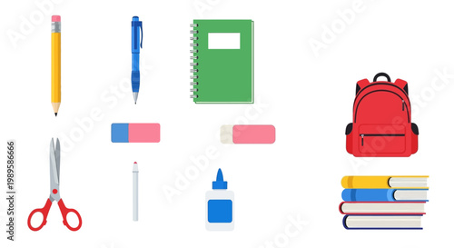 Stationery and school supplies arranged in a flat lay composition
