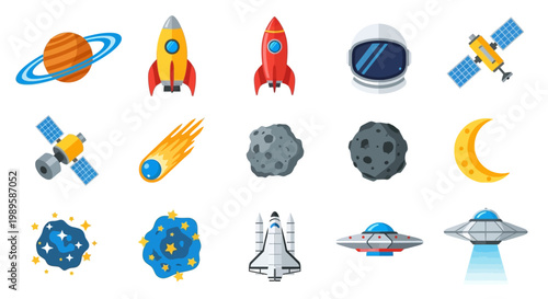 Colorful space icons depicting rockets planets and other celestial bodies