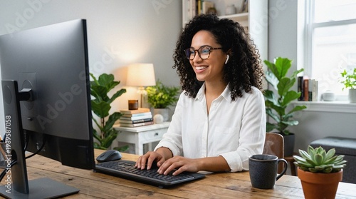 Smiling Black Woman Working Remotely at Home Office Desk with Plants