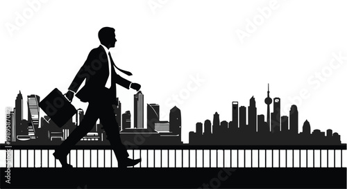 Businessman walking to work in city skyline silhouette, professional man with briefcase commuting to office building in urban downtown area during morning rush hour