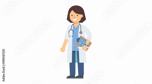 Professional female doctor in a white coat, holding a medical chart and stethoscope, representing healthcare and medical professions