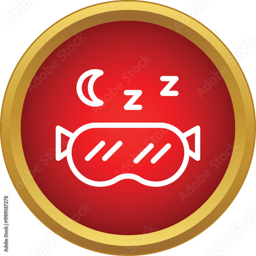 Sleep mask with crescent moon and zzz symbols on a red and gold button