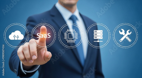 SaaS Digital Touch: An executive in a formal suit employs a digital interface, making a selection from an array of Software as a Service (SaaS) icons