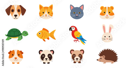 Colorful cartoon icons depicting a variety of common household pets