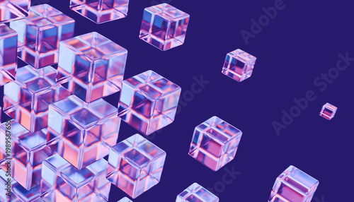 Colorful transparent cubes floating against deep blue background, creating futuristic and abstract visual