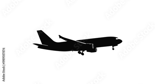 Airplane flying silhouette against white background, modern aircraft in flight, travel concept, transportation icon