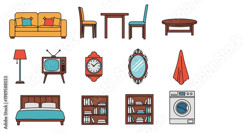 Colorful cartoon illustration of various household furniture and appliances