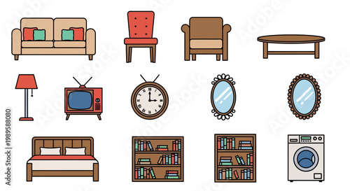 Colorful cartoon illustration of various household furniture and appliances