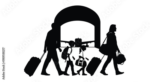 Family Silhouette Walking Toward Airplane at Airport for Immigration and Global Relocation